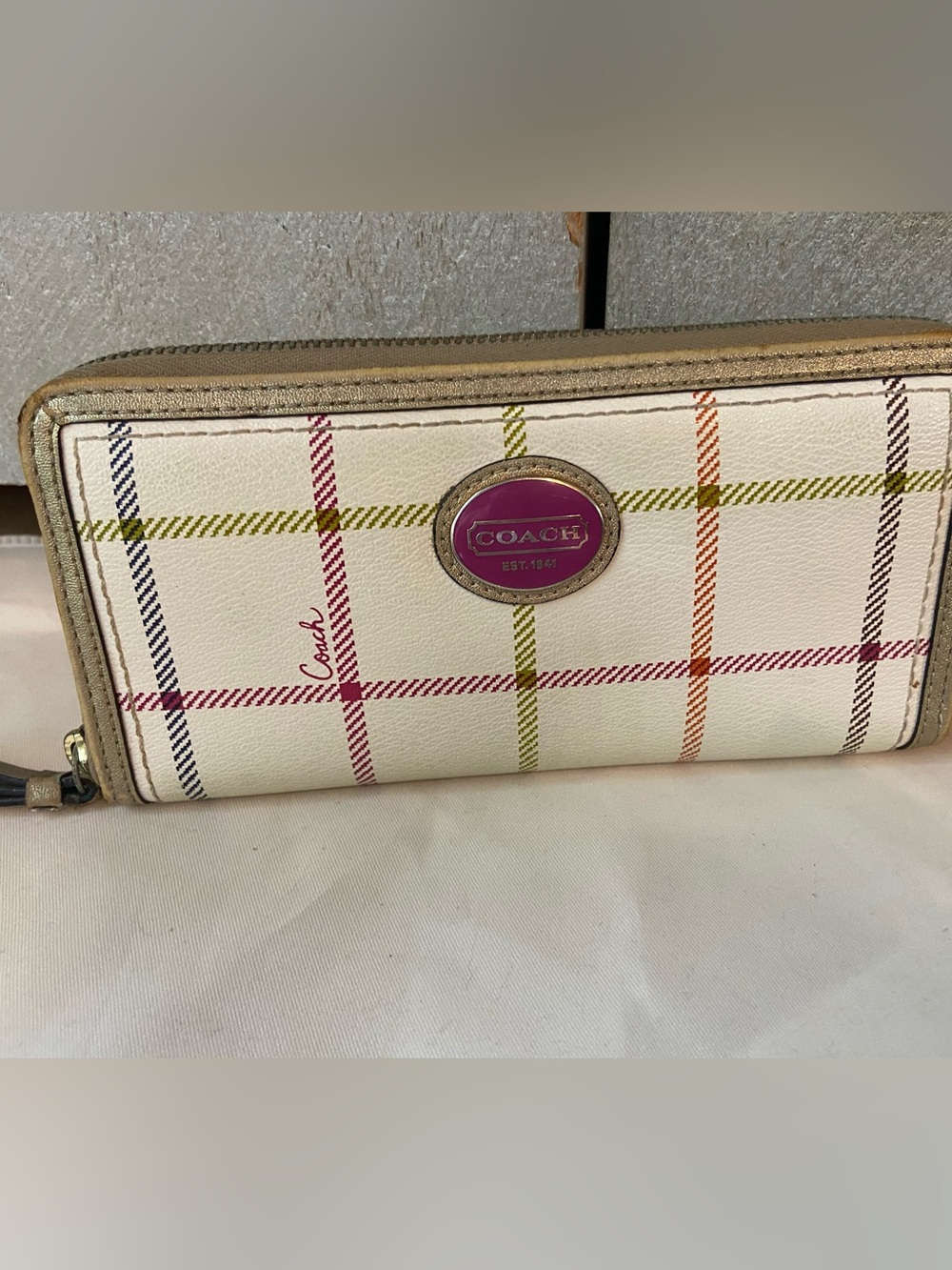 Coach Cream Plaid Zip Wallet with Multicolor Stripes